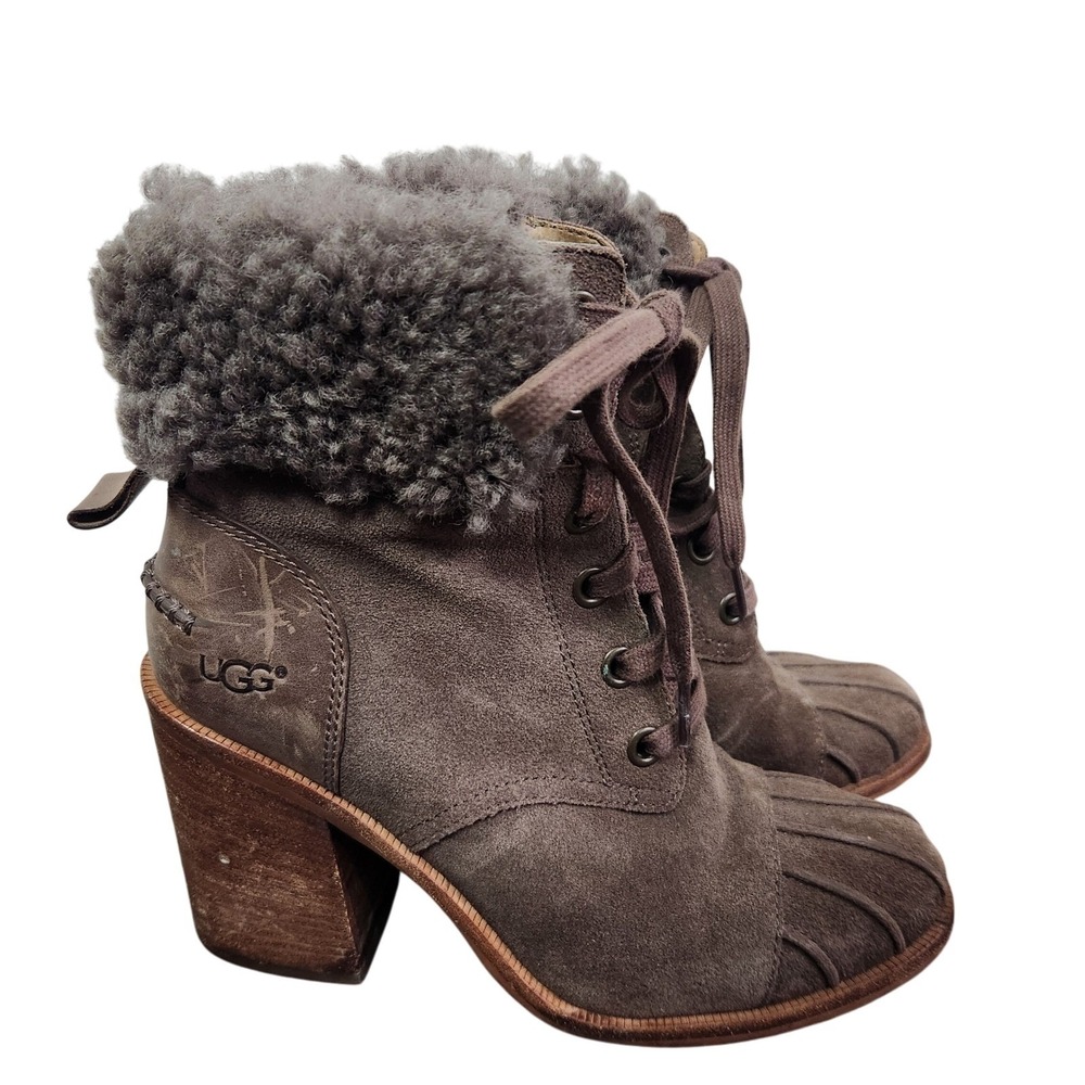 UGG taupe sueded leather heeled lace up boots 7.5 Cabincore - Picture 2 of 9